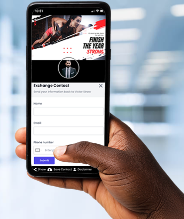 An African American female hand holding a mobile phone straight up and facing her. The phone shows an Exchange Contact Information form on a hub belonging to a fitness coach, representing uBrand Hub's AI-powered contact solution for lead generation.