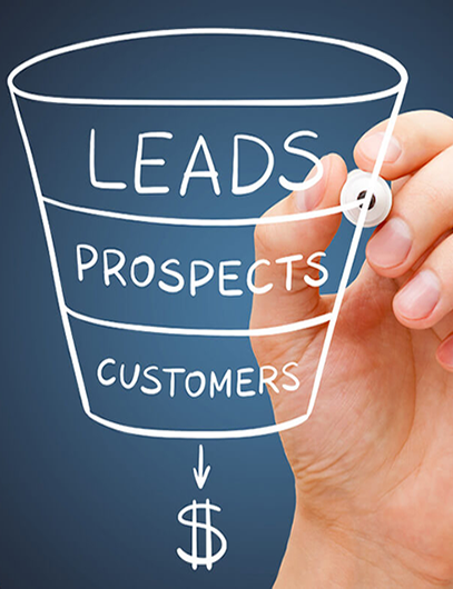 Hand drawing a sales funnel with the words 'Leads', 'Prospects', and 'Customers' on a blue background, symbolizing lead generation process.