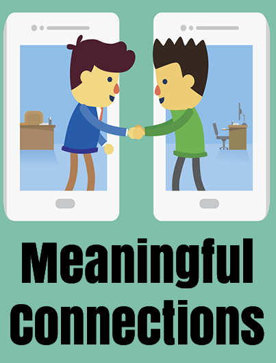 Cartoon-style illustration showing two mobile phones side by side, with two people reaching out from each phone to shake hands, symbolizing meaningful connections.