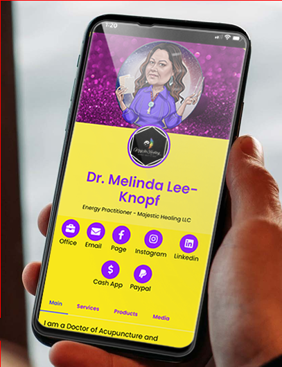 A male right hand holding a mobile phone tipped 5 degrees, displaying a digital business card owned by a female doctor of holistic medicine.